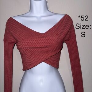 Ribbed Off-Shoulder Wrap Crop Top - Rust